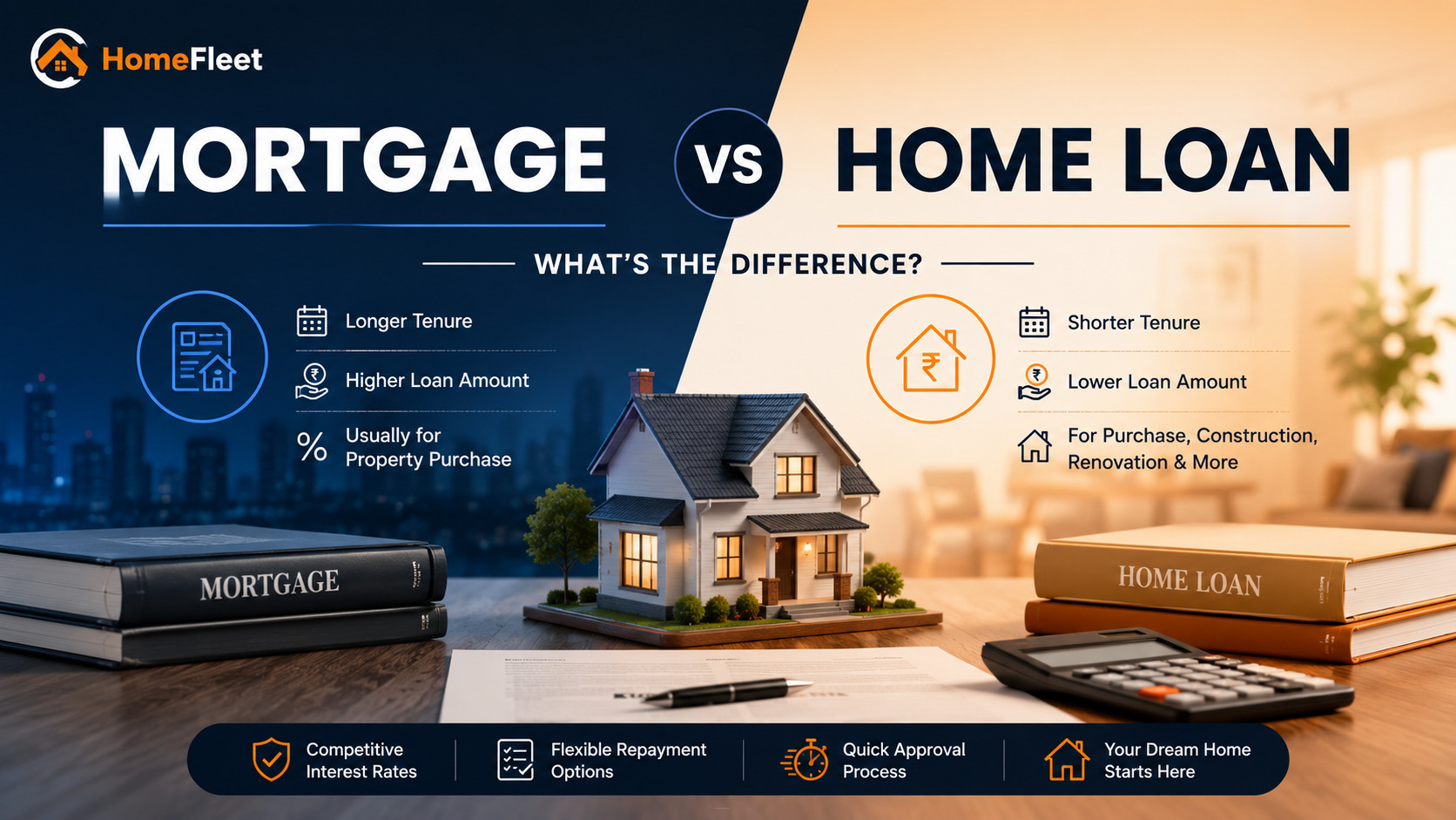Mortgage vs Home Loan comparison with house model and key loan differences